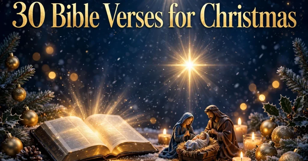 Open Bible glowing beside a Christmas nativity scene with a bright star, 30 Bible verses for Christmas