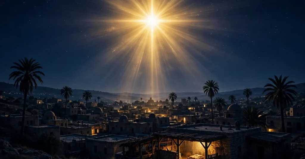 Bright star shining over Bethlehem and the manger on Christmas night