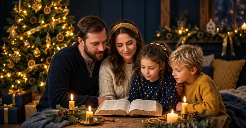Family reading Bible verses for Christmas together by warm candlelight