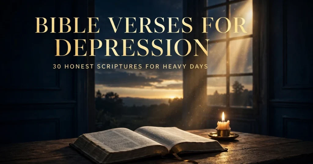 Bible verses for depression — open Bible and candle with dawn light at the window