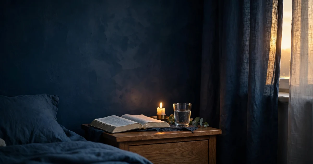 Open Bible and candles on a nightstand before dawn