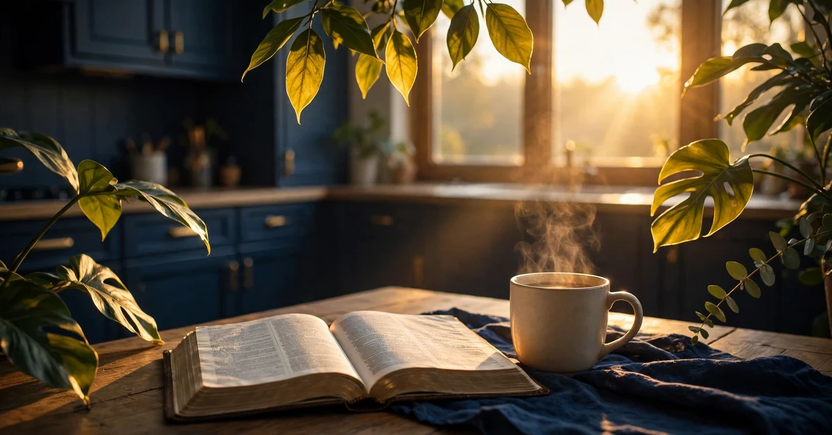 Open Bible and a warm mug in morning sunlight after a long night