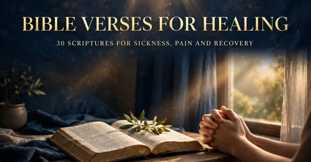 Bible verses for healing — open Bible with hands folded in prayer by a sunny window