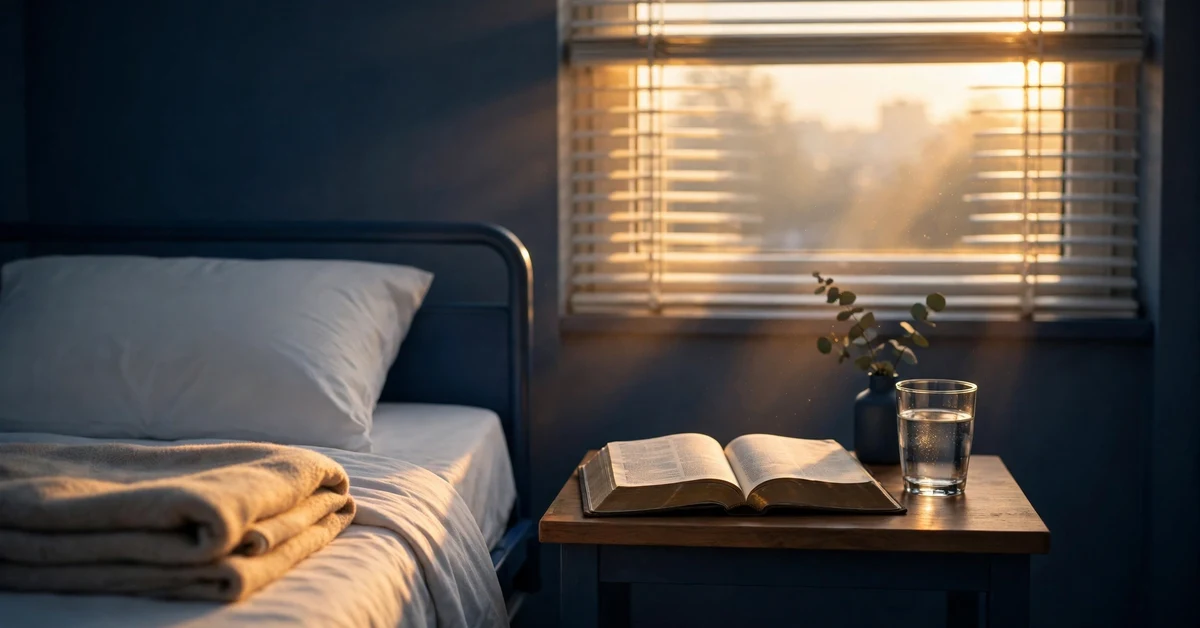 Open Bible on a hospital bedside table at dawn