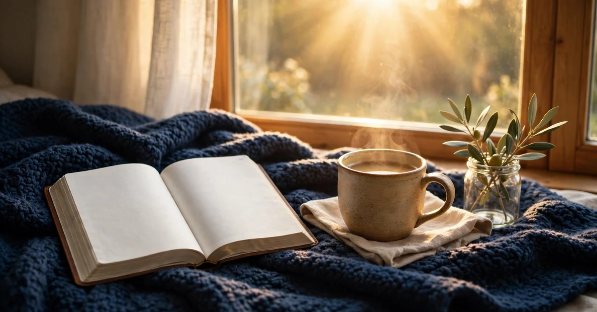 Open Bible and a cup of tea by a bright window during recovery