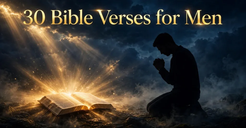 Bible verses for men, 30 KJV scriptures for strength, courage and faith, open Bible in warm golden light