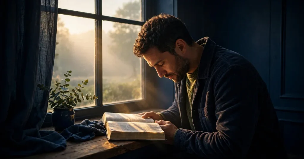 A man reading his Bible and praying in the early morning light