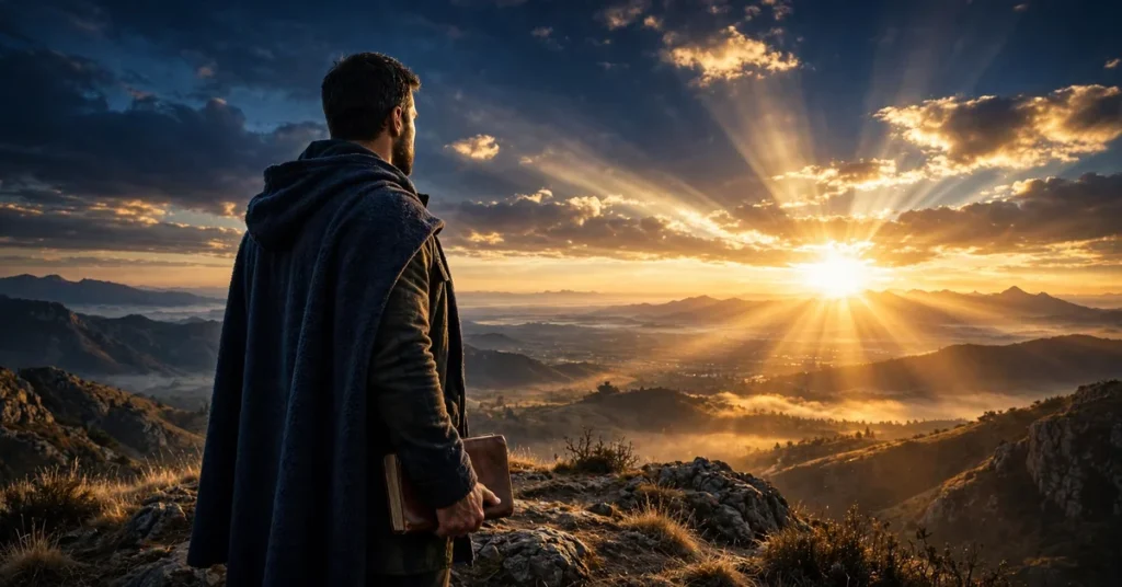 A man standing strong at sunrise holding a Bible, symbol of courage and faith
