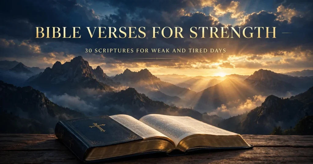 Bible verses for strength — open Bible at sunrise over mountain peaks