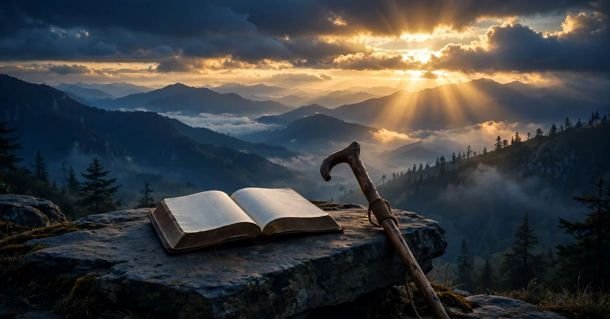 Open Bible on a rock at a mountain overlook at sunrise