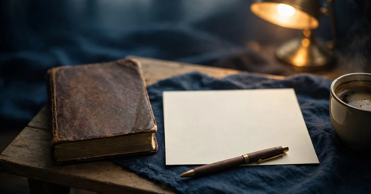 Bible and blank verse notecard on a desk in early morning light