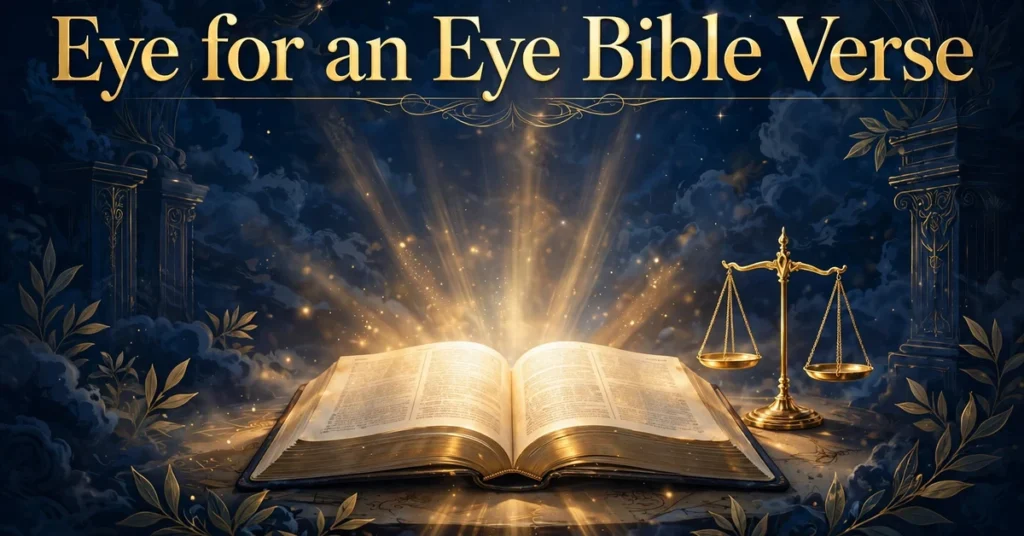 Eye for an eye Bible verse featured image with an open Bible and golden scales of justice in warm light