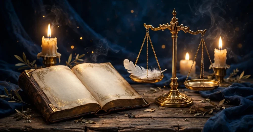 Open Bible beside golden scales of justice with a white dove feather and candlelight