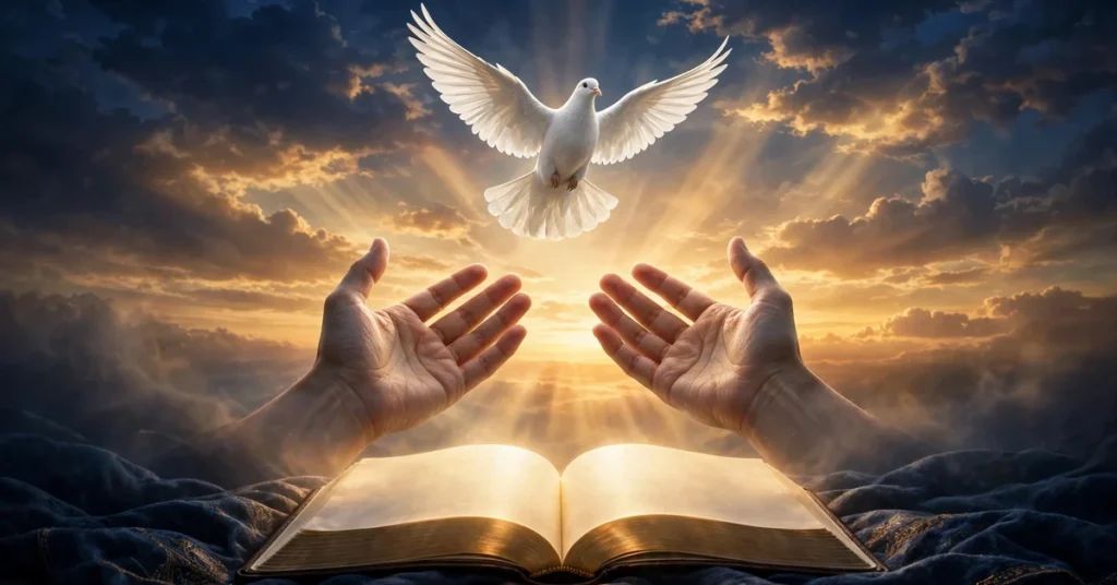 Open hands releasing a white dove over an open Bible at sunrise, a picture of forgiveness